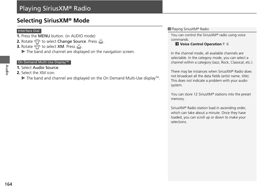 Playing siriusxm® radio 164, P164), Playing siriusxm® radio | Selecting siriusxm® mode | Acura 2015 TLX - Navigation Manual (With Software Update) Ver. ST03 User Manual | Page 165 / 333