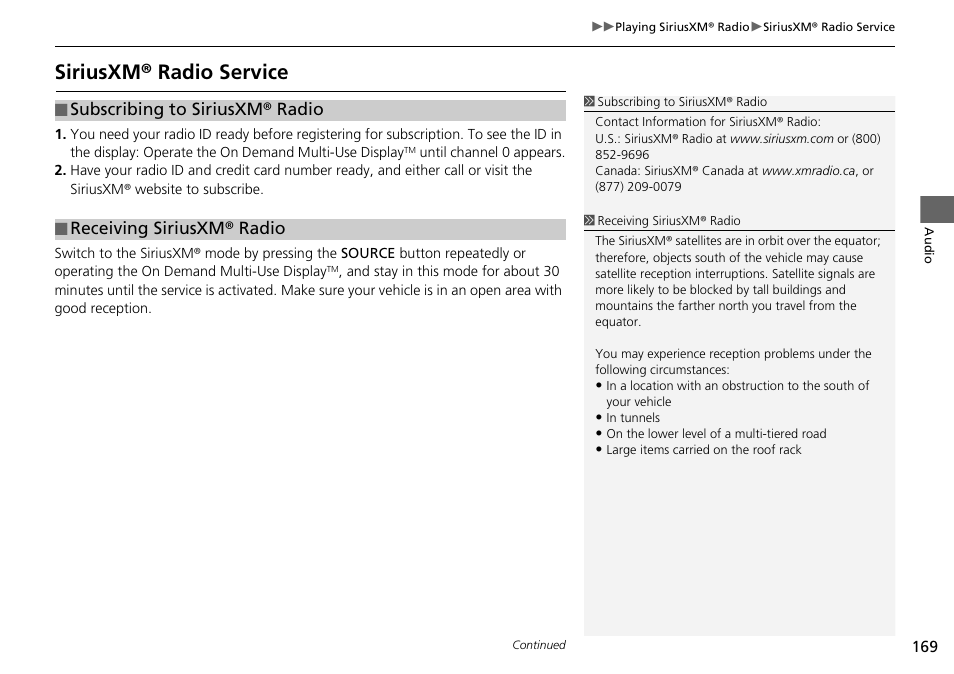 Siriusxm® radio service | Acura 2015 TLX - Navigation Manual (With Software Update) Ver. ST03 User Manual | Page 170 / 333
