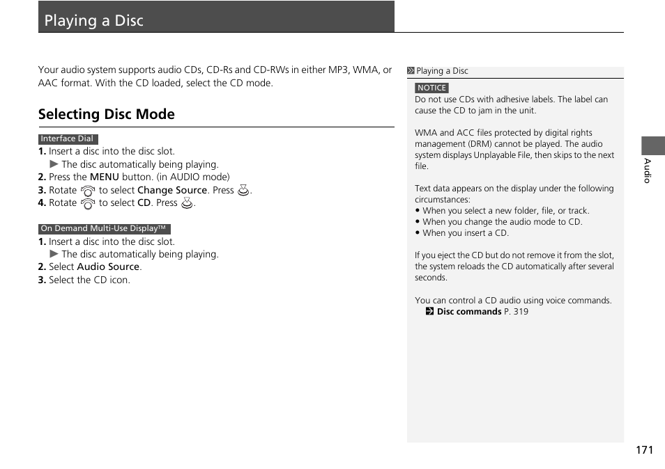 Playing a disc 171, P171), Playing a disc | Selecting disc mode | Acura 2015 TLX - Navigation Manual (With Software Update) Ver. ST03 User Manual | Page 172 / 333
