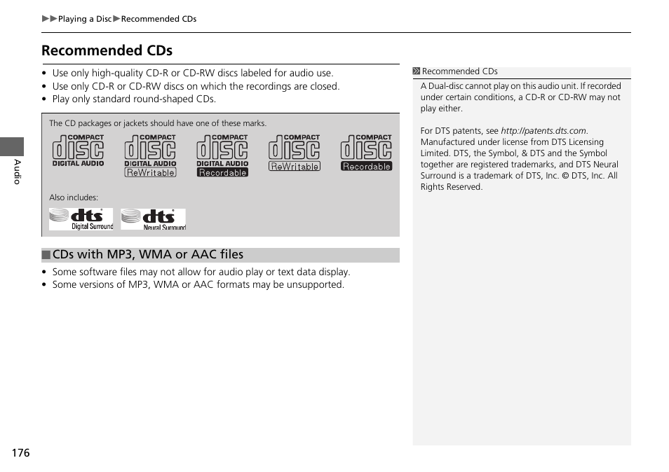 Recommended cds, Cds with mp3, wma or aac files | Acura 2015 TLX - Navigation Manual (With Software Update) Ver. ST03 User Manual | Page 177 / 333