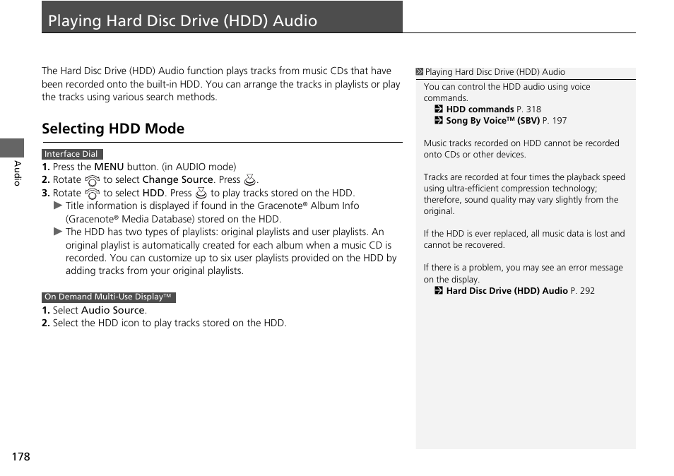 Playing hard disc drive (hdd) audio 178, P178), Playing hard disc drive (hdd) audio | Selecting hdd mode, Playing hard disc drive (hdd), Audio p. 178 | Acura 2015 TLX - Navigation Manual (With Software Update) Ver. ST03 User Manual | Page 179 / 333