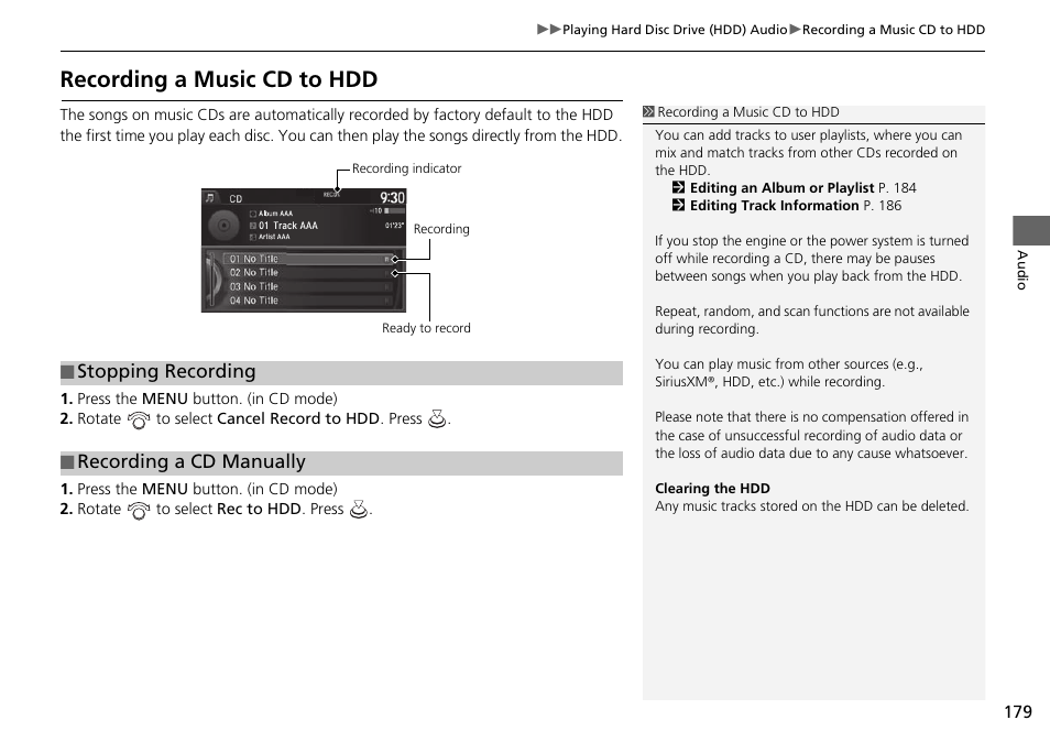 Recording a music cd to hdd, Recording a music cd to hdd p. 179, Stopping recording ■ recording a cd manually | Acura 2015 TLX - Navigation Manual (With Software Update) Ver. ST03 User Manual | Page 180 / 333