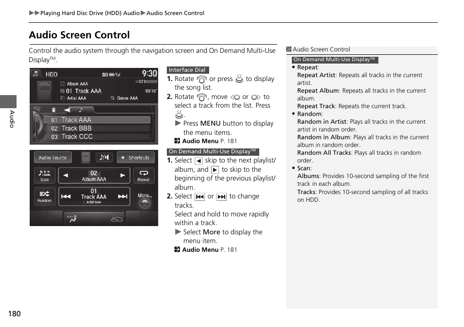 Audio screen control | Acura 2015 TLX - Navigation Manual (With Software Update) Ver. ST03 User Manual | Page 181 / 333