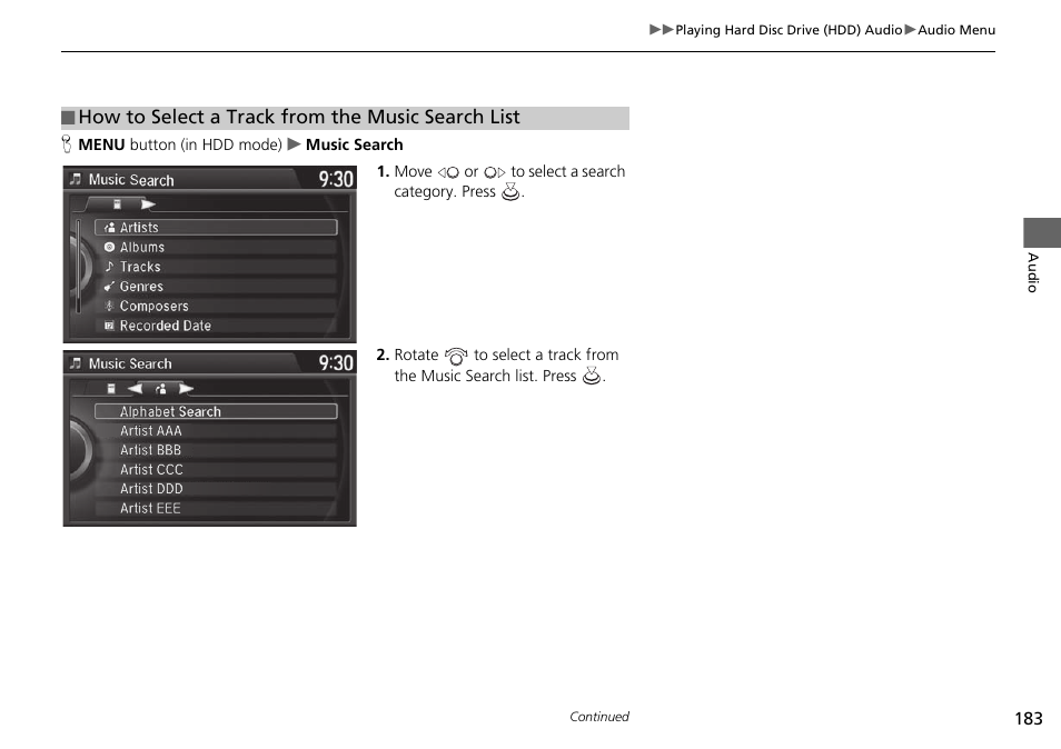 How to select a track from the music search list | Acura 2015 TLX - Navigation Manual (With Software Update) Ver. ST03 User Manual | Page 184 / 333