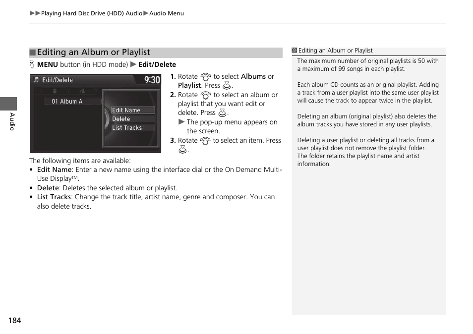 Editing an album or playlist p. 184, Editing an album or playlist | Acura 2015 TLX - Navigation Manual (With Software Update) Ver. ST03 User Manual | Page 185 / 333