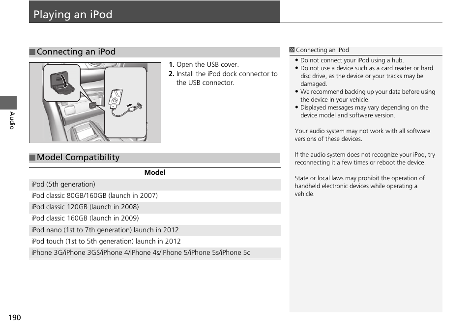 Playing an ipod 190, P190), Playing an ipod | Acura 2015 TLX - Navigation Manual (With Software Update) Ver. ST03 User Manual | Page 191 / 333