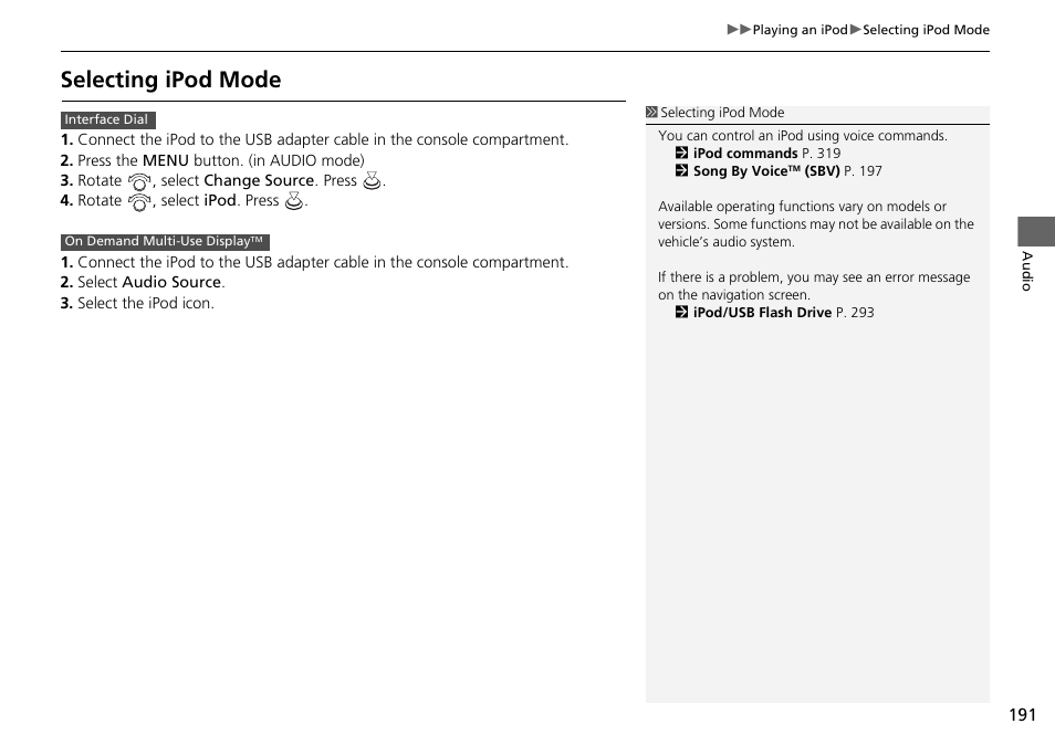 Selecting ipod mode | Acura 2015 TLX - Navigation Manual (With Software Update) Ver. ST03 User Manual | Page 192 / 333