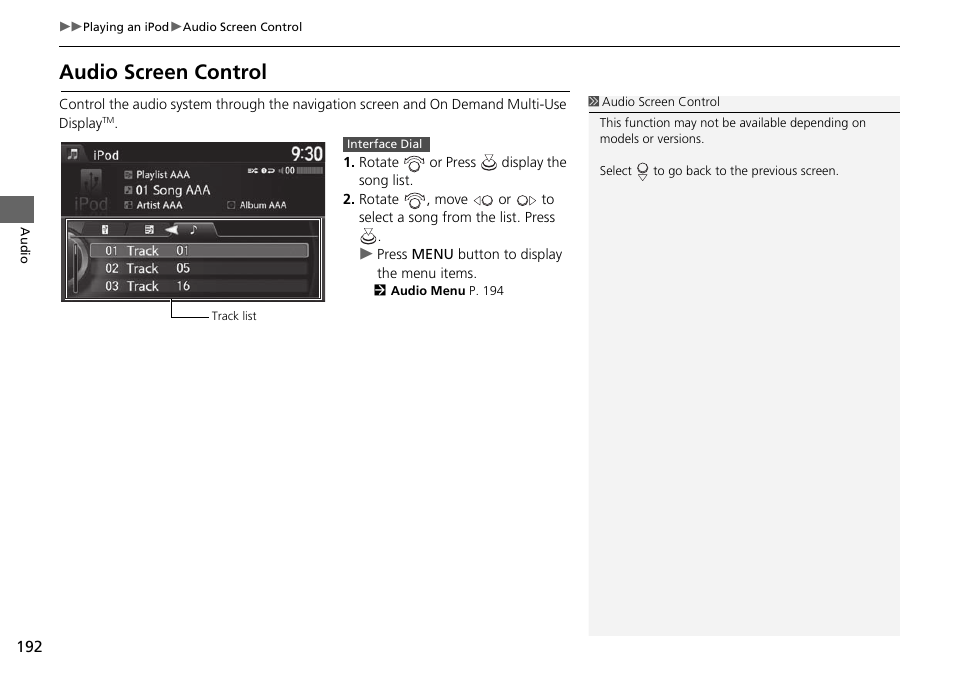 Audio screen control | Acura 2015 TLX - Navigation Manual (With Software Update) Ver. ST03 User Manual | Page 193 / 333