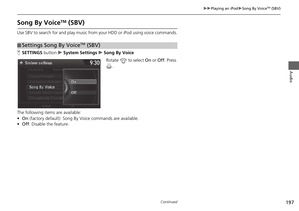 Settings song by voice, Sbv), Song by voice | Sbv) p. 197 | Acura 2015 TLX - Navigation Manual (With Software Update) Ver. ST03 User Manual | Page 198 / 333