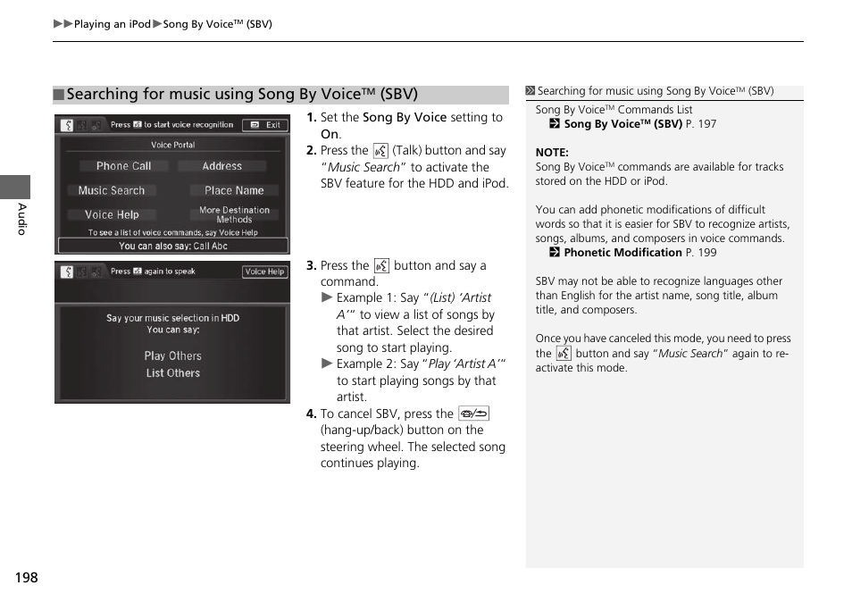 Searching for music using song by voice, Sbv) | Acura 2015 TLX - Navigation Manual (With Software Update) Ver. ST03 User Manual | Page 199 / 333