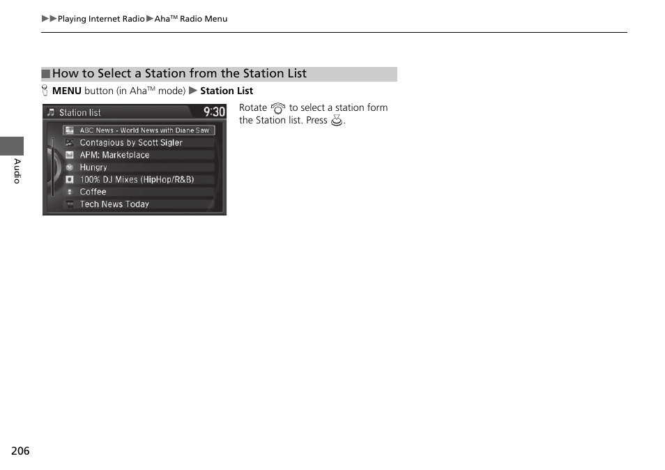 How to select a station from the station list | Acura 2015 TLX - Navigation Manual (With Software Update) Ver. ST03 User Manual | Page 207 / 333