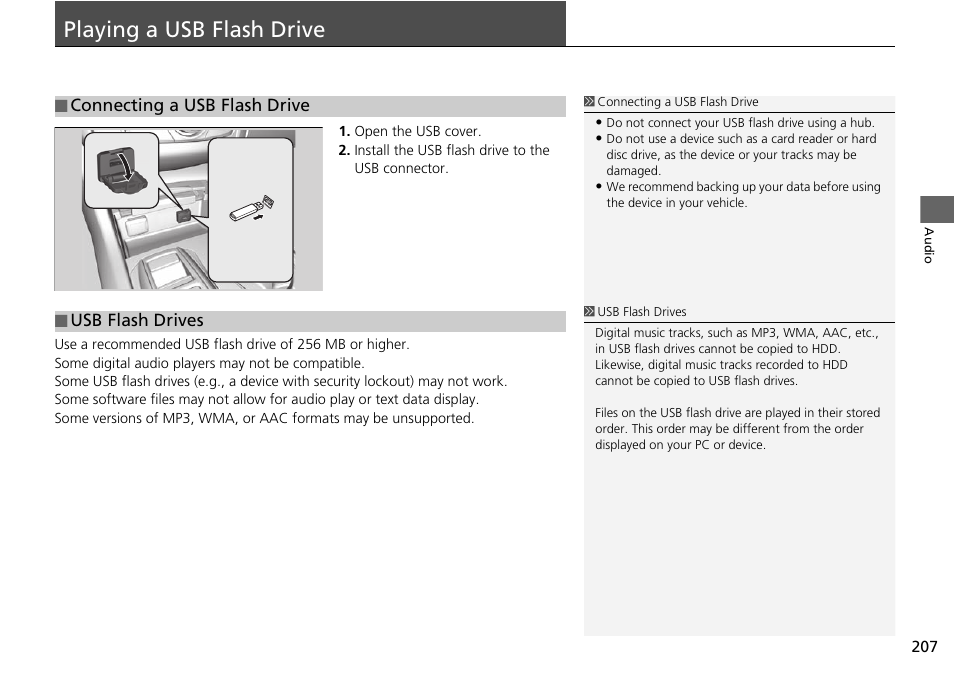 Playing a usb flash drive 207, P207), Connecting a usb flash drive | Playing a usb flash drive | Acura 2015 TLX - Navigation Manual (With Software Update) Ver. ST03 User Manual | Page 208 / 333