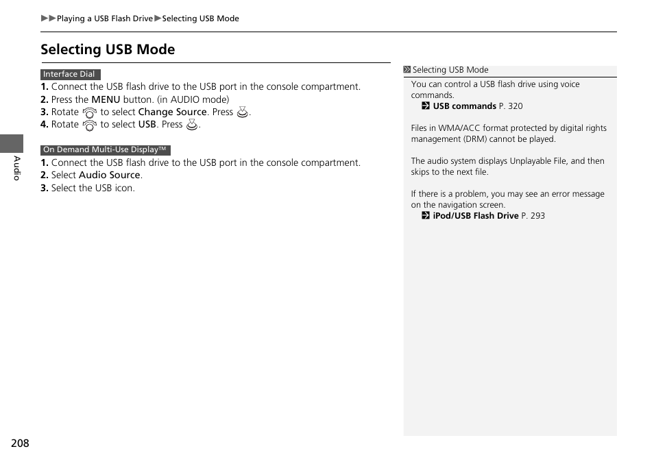 Selecting usb mode | Acura 2015 TLX - Navigation Manual (With Software Update) Ver. ST03 User Manual | Page 209 / 333