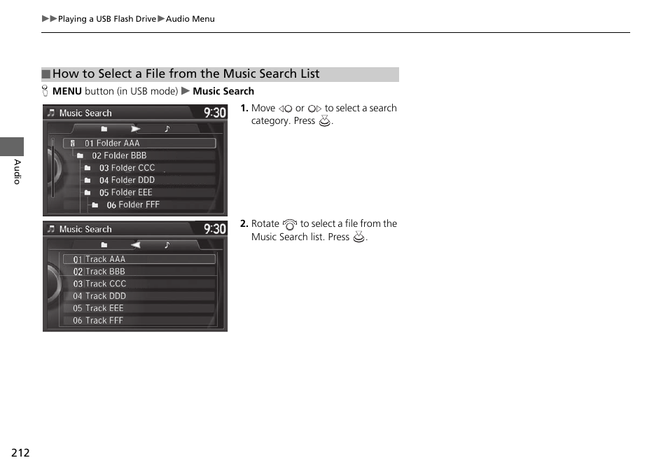 How to select a file from the music search list | Acura 2015 TLX - Navigation Manual (With Software Update) Ver. ST03 User Manual | Page 213 / 333