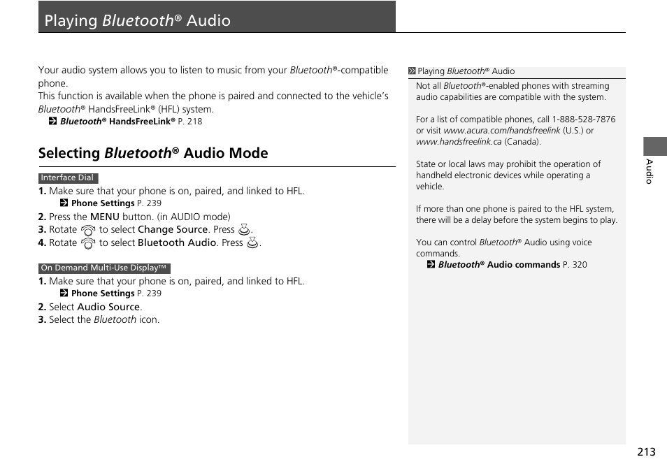 Playing bluetooth ® audio 213, P213), Playing bluetooth ® audio | Selecting bluetooth ® audio mode | Acura 2015 TLX - Navigation Manual (With Software Update) Ver. ST03 User Manual | Page 214 / 333