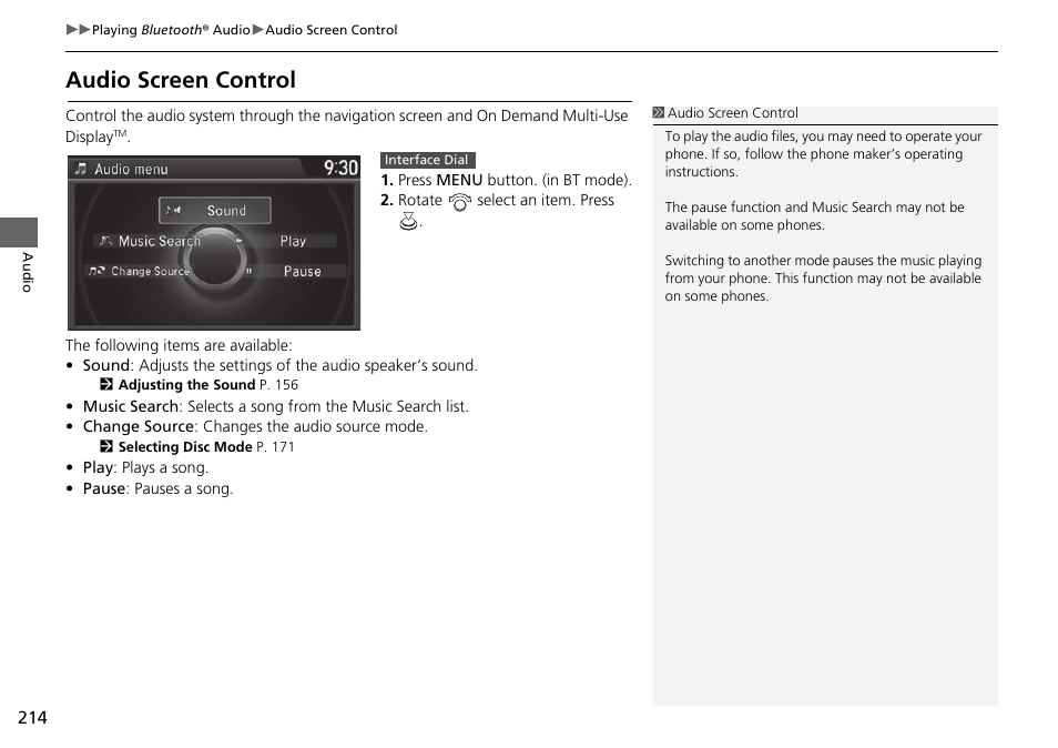 Audio screen control | Acura 2015 TLX - Navigation Manual (With Software Update) Ver. ST03 User Manual | Page 215 / 333