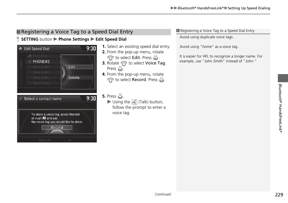 Registering a voice tag to a speed dial entry | Acura 2015 TLX - Navigation Manual (With Software Update) Ver. ST03 User Manual | Page 230 / 333