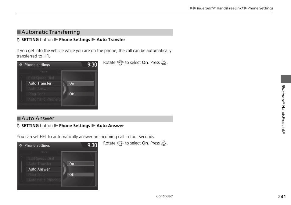 Automatic transferring ■ auto answer | Acura 2015 TLX - Navigation Manual (With Software Update) Ver. ST03 User Manual | Page 242 / 333