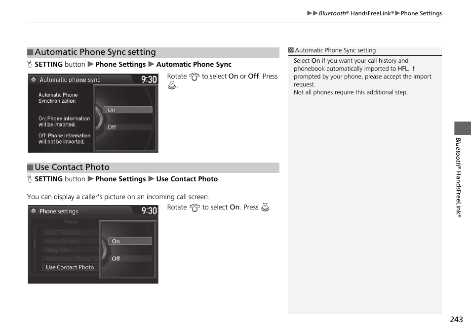Automatic phone sync setting, Use contact photo | Acura 2015 TLX - Navigation Manual (With Software Update) Ver. ST03 User Manual | Page 244 / 333