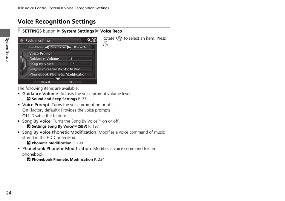 Voice recognition settings, P24) | Acura 2015 TLX - Navigation Manual (With Software Update) Ver. ST03 User Manual | Page 25 / 333