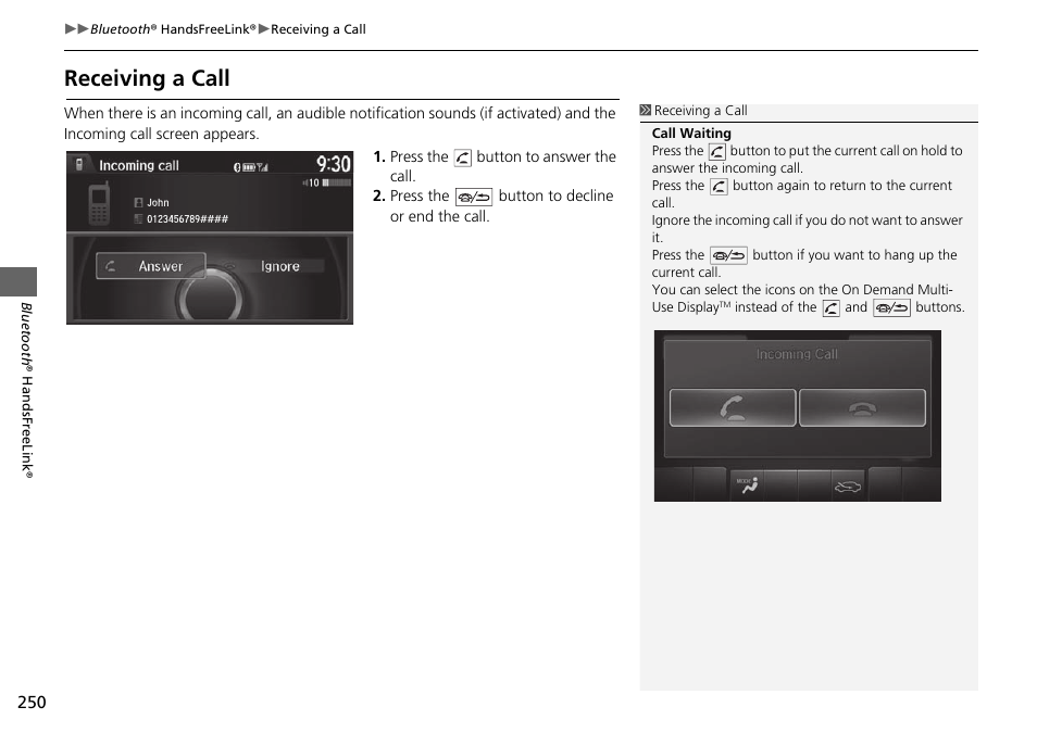 Receiving a call | Acura 2015 TLX - Navigation Manual (With Software Update) Ver. ST03 User Manual | Page 251 / 333
