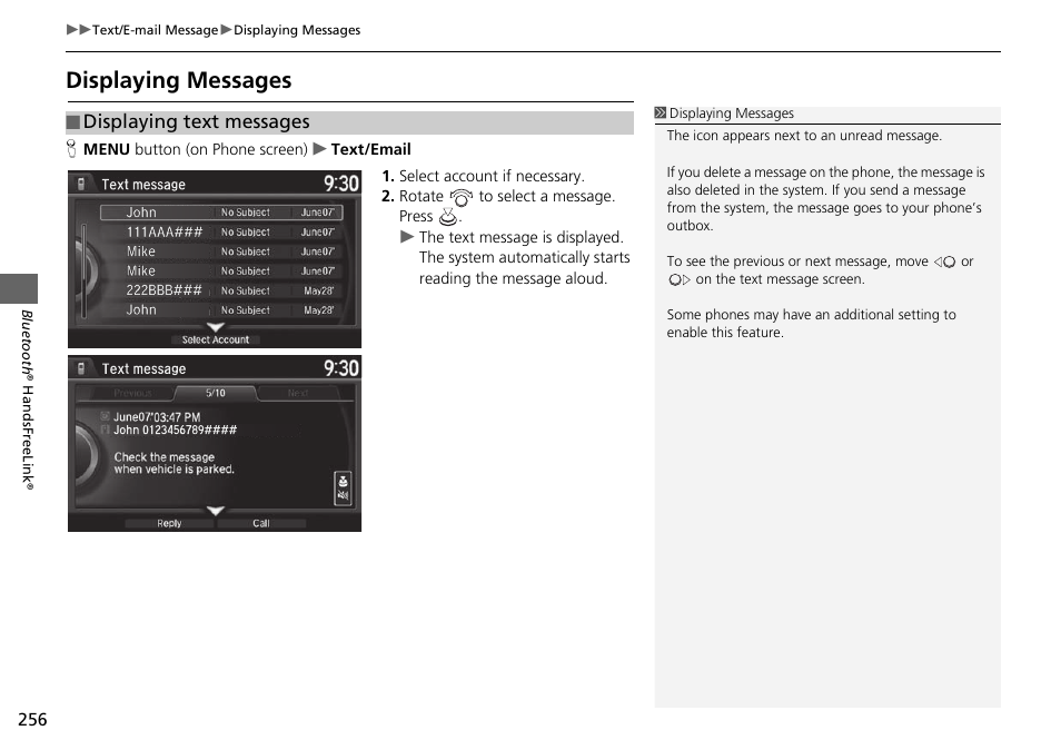 Displaying messages, Displaying text messages | Acura 2015 TLX - Navigation Manual (With Software Update) Ver. ST03 User Manual | Page 257 / 333