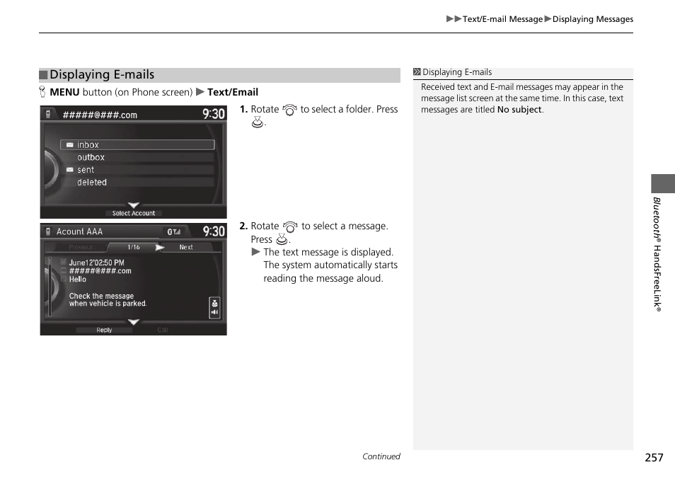 Displaying e-mails | Acura 2015 TLX - Navigation Manual (With Software Update) Ver. ST03 User Manual | Page 258 / 333