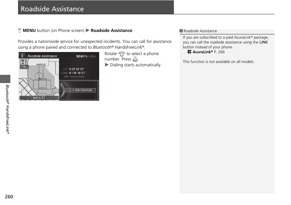 Roadside assistance 260, Roadside assistance | Acura 2015 TLX - Navigation Manual (With Software Update) Ver. ST03 User Manual | Page 261 / 333
