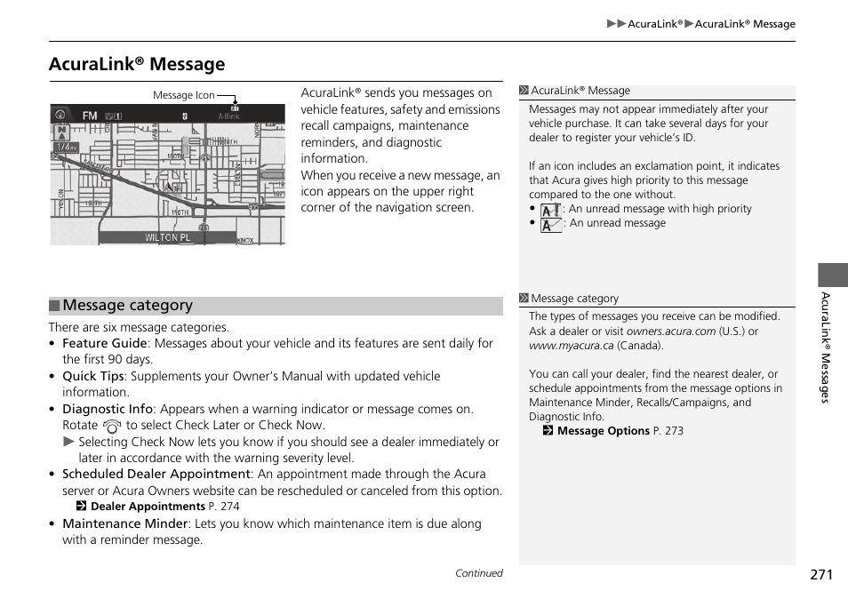 Acuralink® message, Message category | Acura 2015 TLX - Navigation Manual (With Software Update) Ver. ST03 User Manual | Page 272 / 333