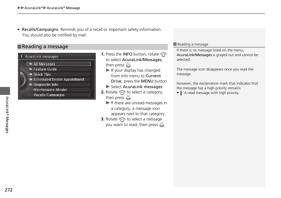 Reading a message | Acura 2015 TLX - Navigation Manual (With Software Update) Ver. ST03 User Manual | Page 273 / 333