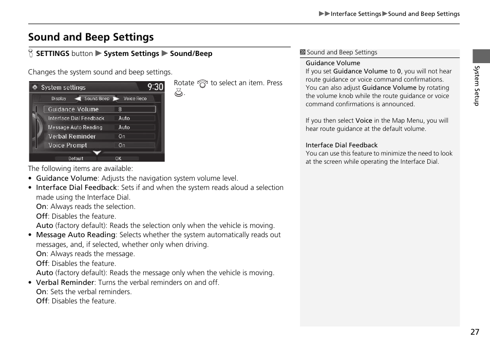 Sound and beep settings p. 27, Sound and beep settings | Acura 2015 TLX - Navigation Manual (With Software Update) Ver. ST03 User Manual | Page 28 / 333
