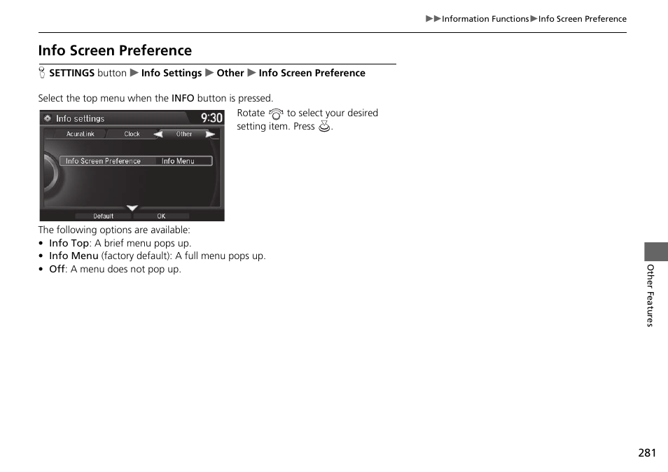 Info screen preference | Acura 2015 TLX - Navigation Manual (With Software Update) Ver. ST03 User Manual | Page 282 / 333