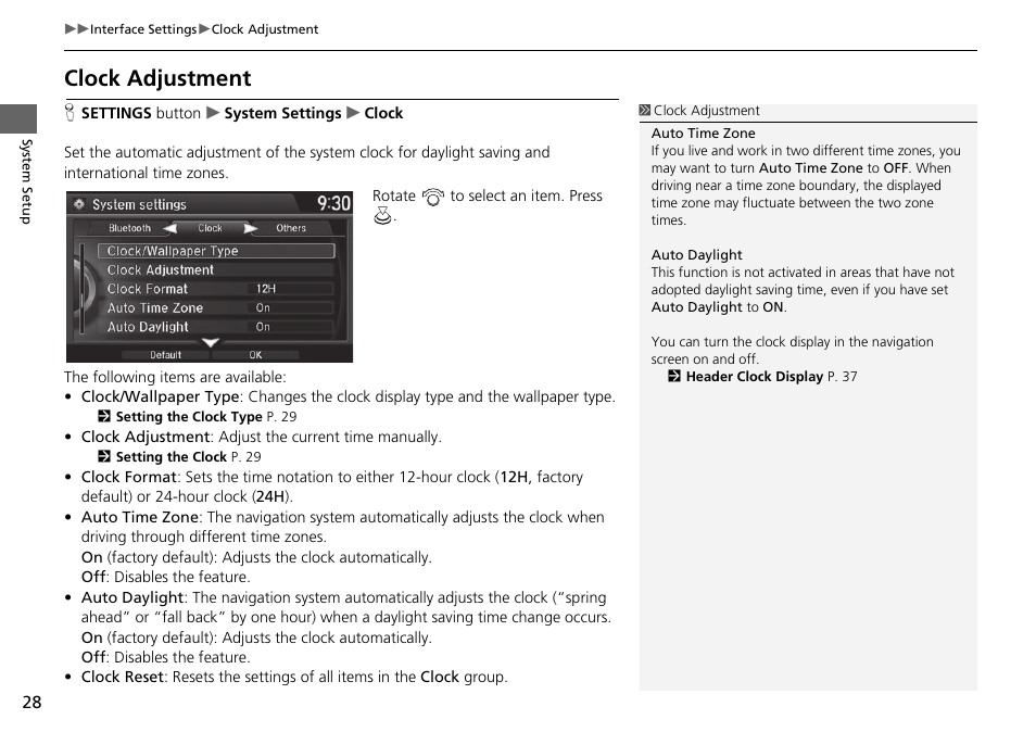 Clock adjustment | Acura 2015 TLX - Navigation Manual (With Software Update) Ver. ST03 User Manual | Page 29 / 333