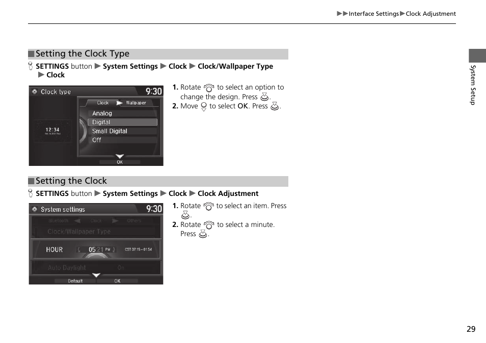 Setting the clock type, Setting the clock | Acura 2015 TLX - Navigation Manual (With Software Update) Ver. ST03 User Manual | Page 30 / 333