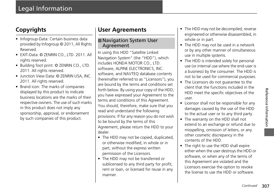 Legal information 307, Legal information, Copyrights user agreements | Copyrights, User agreements | Acura 2015 TLX - Navigation Manual (With Software Update) Ver. ST03 User Manual | Page 308 / 333