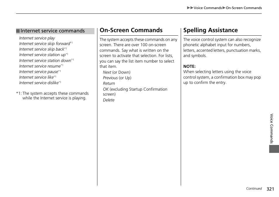 On-screen commands spelling assistance, On-screen commands, Spelling assistance | Internet service commands | Acura 2015 TLX - Navigation Manual (With Software Update) Ver. ST03 User Manual | Page 322 / 333