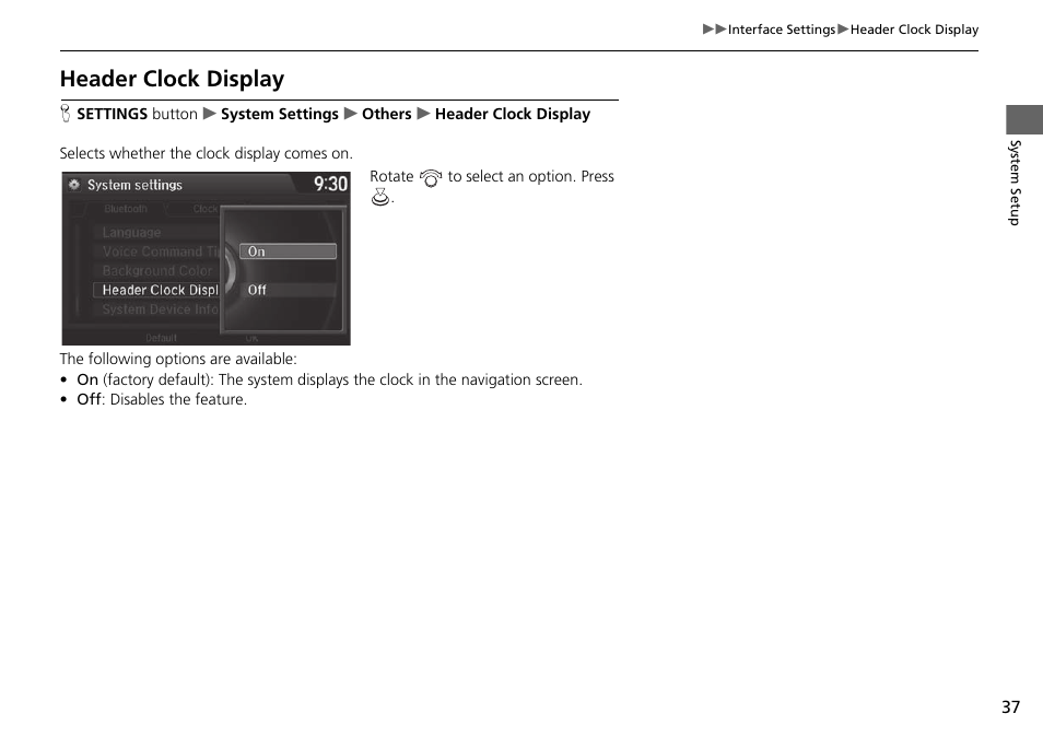 Header clock display p. 37, Header clock display | Acura 2015 TLX - Navigation Manual (With Software Update) Ver. ST03 User Manual | Page 38 / 333