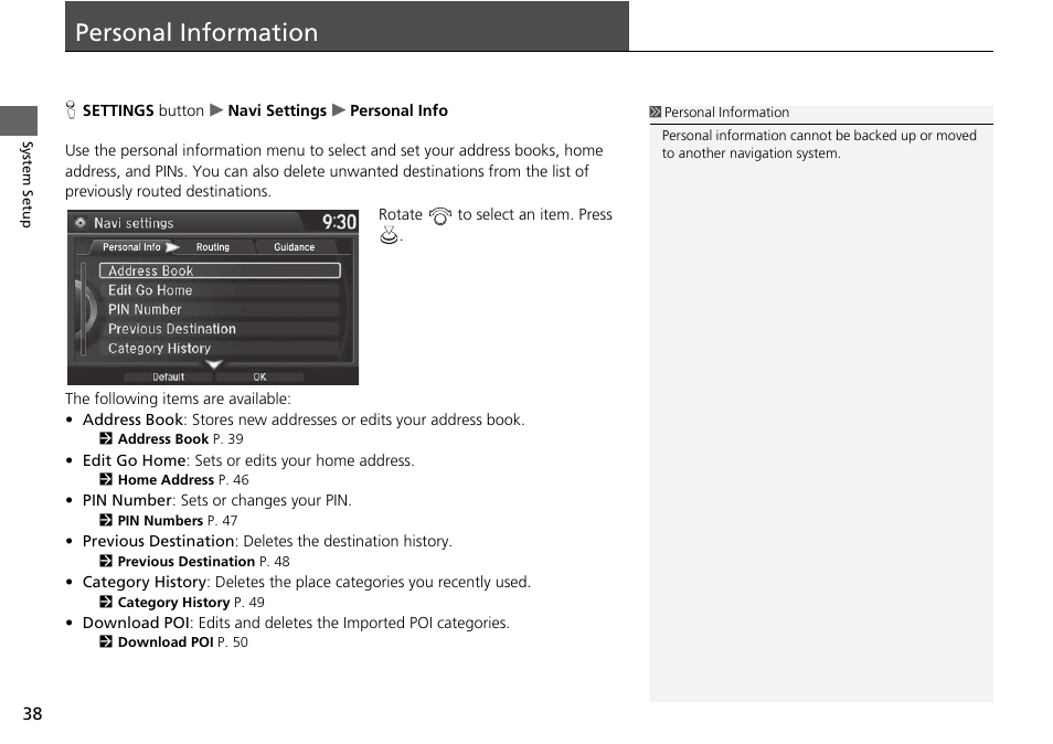 Personal information 38, Personal information | Acura 2015 TLX - Navigation Manual (With Software Update) Ver. ST03 User Manual | Page 39 / 333