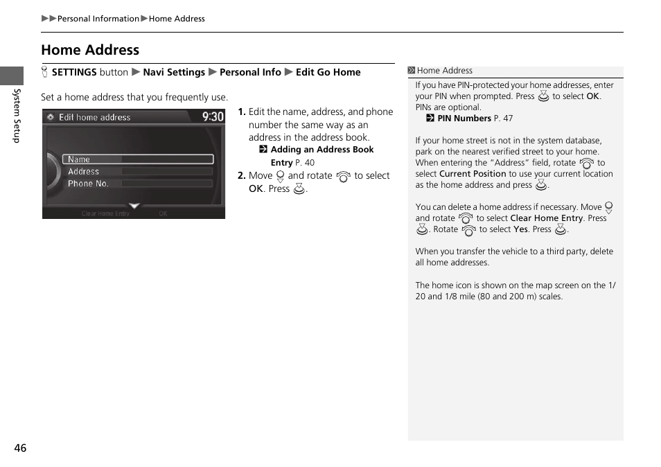 P46), Home address | Acura 2015 TLX - Navigation Manual (With Software Update) Ver. ST03 User Manual | Page 47 / 333