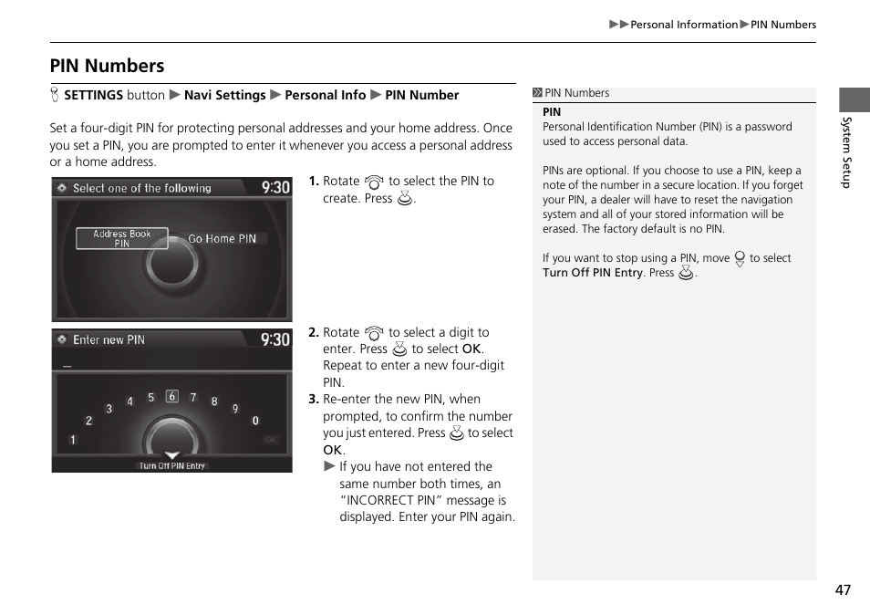 Pin numbers, Pin numbers p. 47 | Acura 2015 TLX - Navigation Manual (With Software Update) Ver. ST03 User Manual | Page 48 / 333