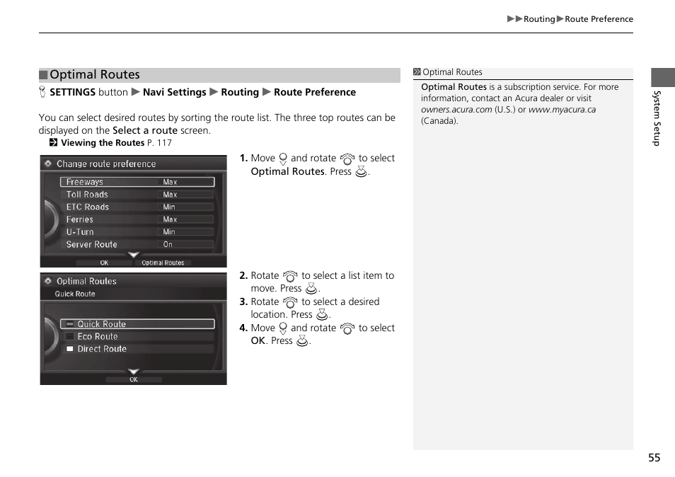 Optimal routes | Acura 2015 TLX - Navigation Manual (With Software Update) Ver. ST03 User Manual | Page 56 / 333
