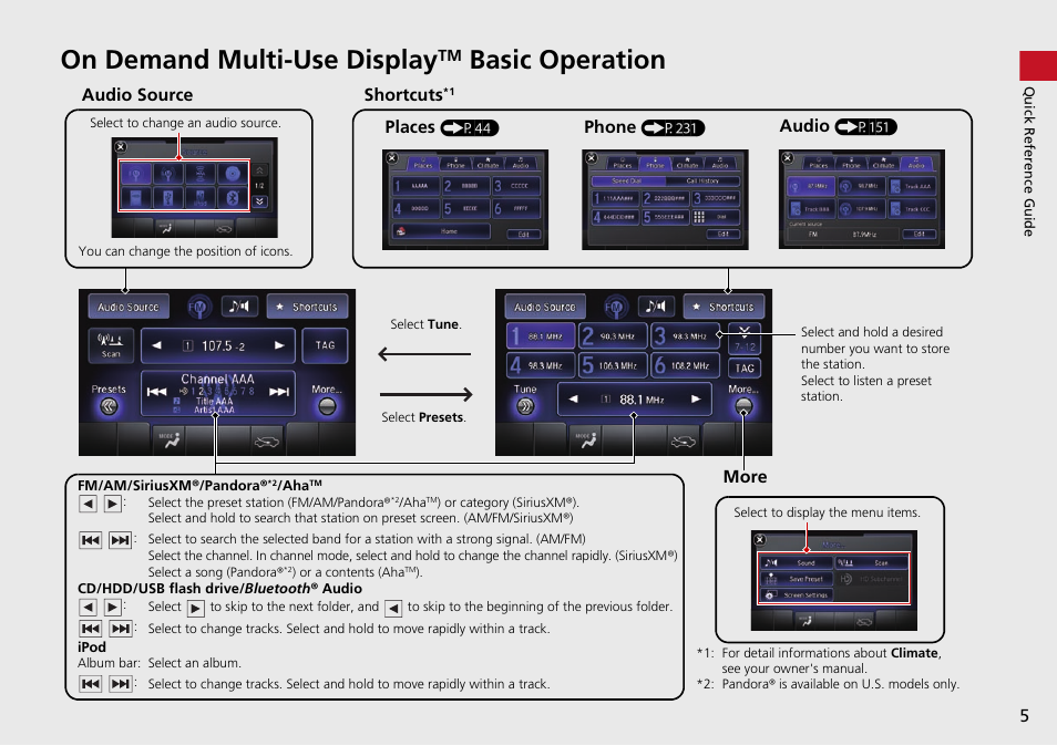 On demand multi-use displaytm basic operation, On demand multi-use display, Basic operation | Acura 2015 TLX - Navigation Manual (With Software Update) Ver. ST03 User Manual | Page 6 / 333