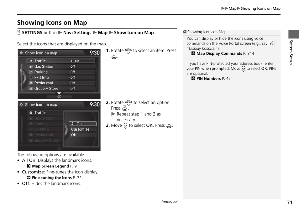 P71), Showing icons on map, Showing icons on map p. 71 | Acura 2015 TLX - Navigation Manual (With Software Update) Ver. ST03 User Manual | Page 72 / 333
