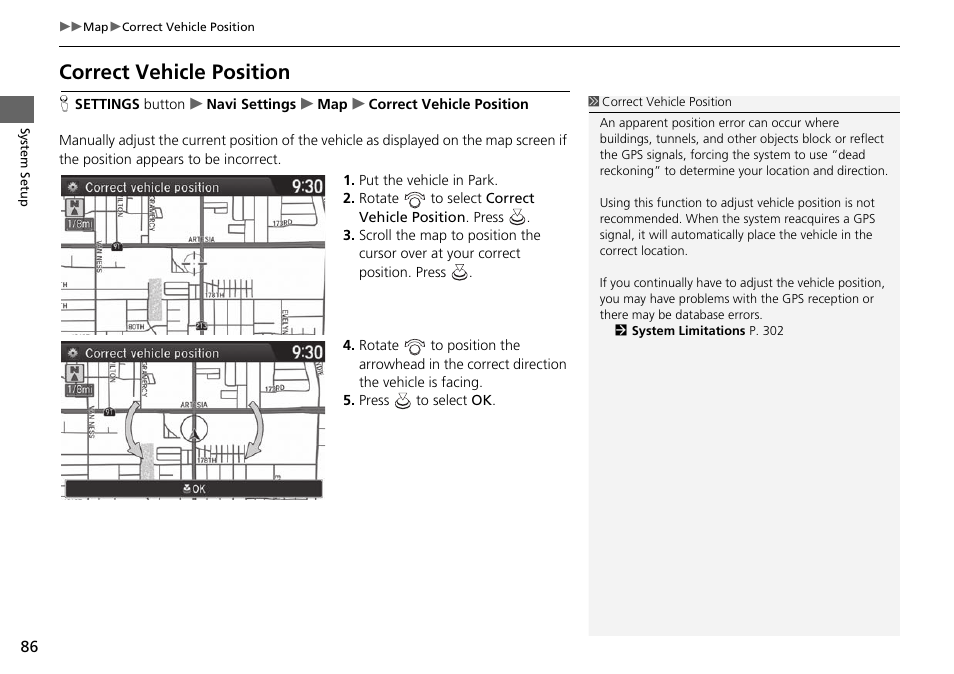 Correct vehicle position | Acura 2015 TLX - Navigation Manual (With Software Update) Ver. ST03 User Manual | Page 87 / 333