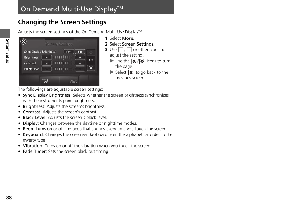 On demand multi-use display, Changing the screen settings | Acura 2015 TLX - Navigation Manual (With Software Update) Ver. ST03 User Manual | Page 89 / 333