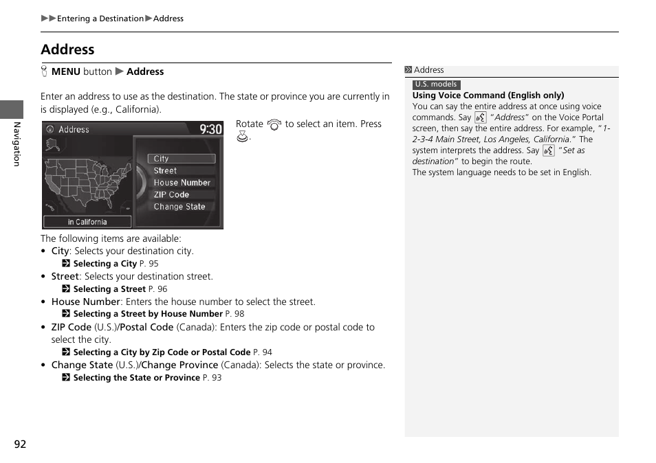 Address p. 92, Address | Acura 2015 TLX - Navigation Manual (With Software Update) Ver. ST03 User Manual | Page 93 / 333