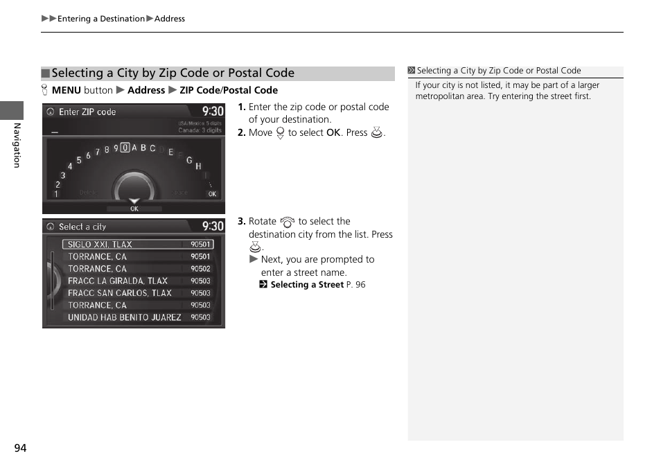 Selecting a city by zip code or postal code p. 94, Selecting a city by zip code or postal code | Acura 2015 TLX - Navigation Manual (With Software Update) Ver. ST03 User Manual | Page 95 / 333