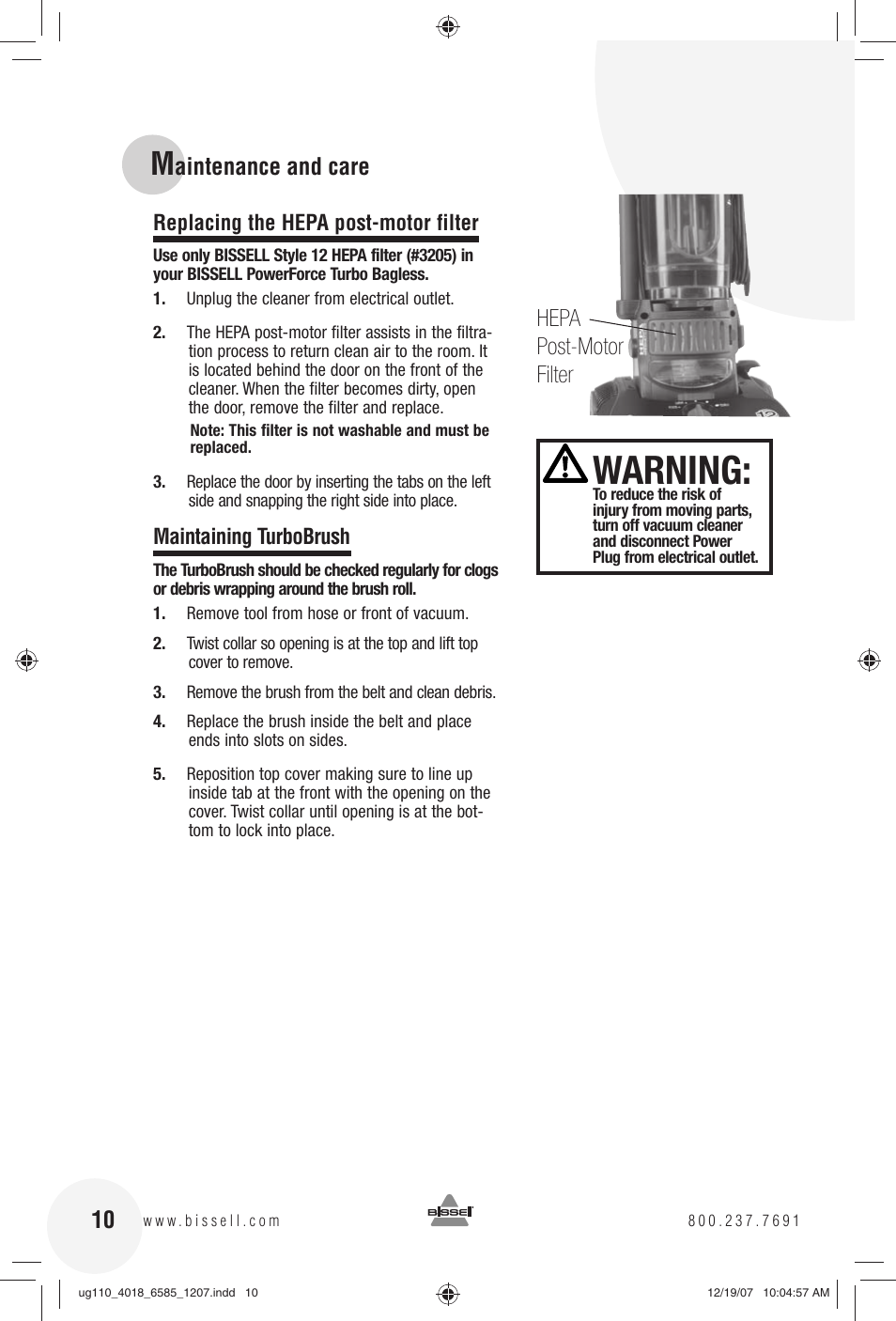 Warning, Aintenance and care, Hepa post-motor filter | Replacing the hepa post-motor filter, Maintaining turbobrush | Bissell Powerforce Turbo bagless 6585 series User Manual | Page 10 / 16