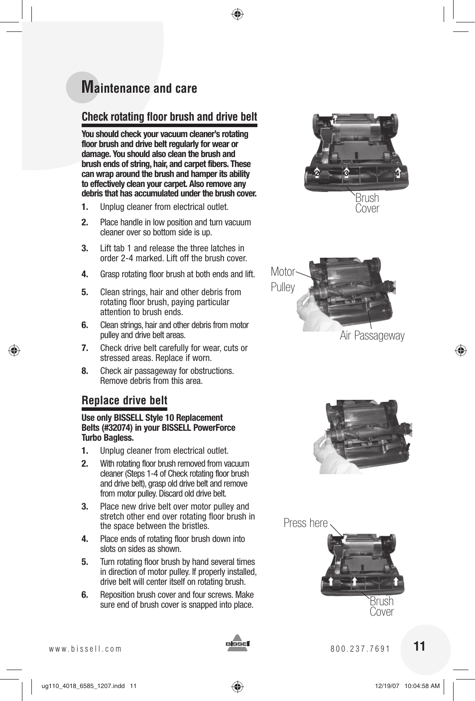 Check rotating floor brush and drive belt, Replace drive belt | Bissell Powerforce Turbo bagless 6585 series User Manual | Page 11 / 16