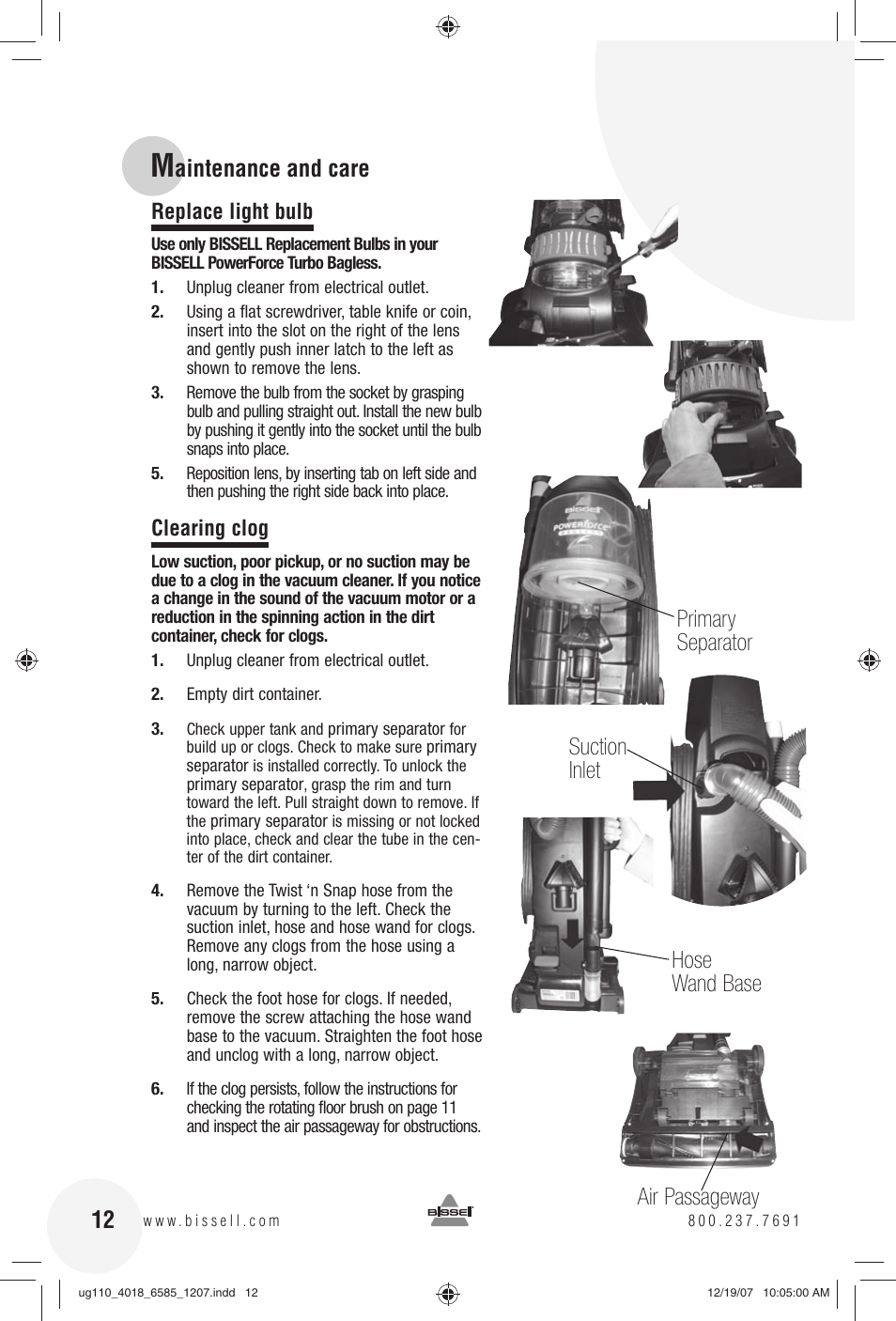 Replace light bulb, Clearing clog | Bissell Powerforce Turbo bagless 6585 series User Manual | Page 12 / 16